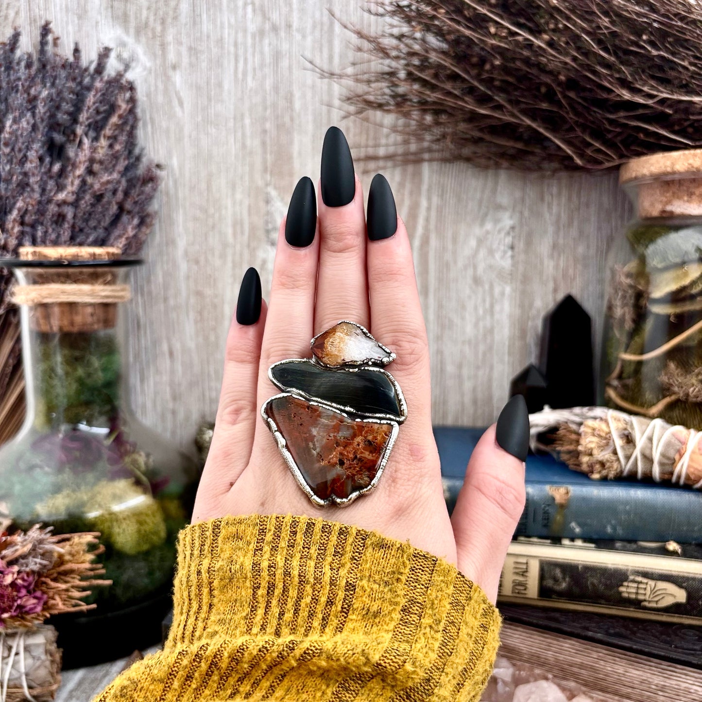 Fossilized Wood Blue Tigers Eye Citrine Ring Set in Fine Silver Size 8.5 / Foxlark Collection - One of a Kind
