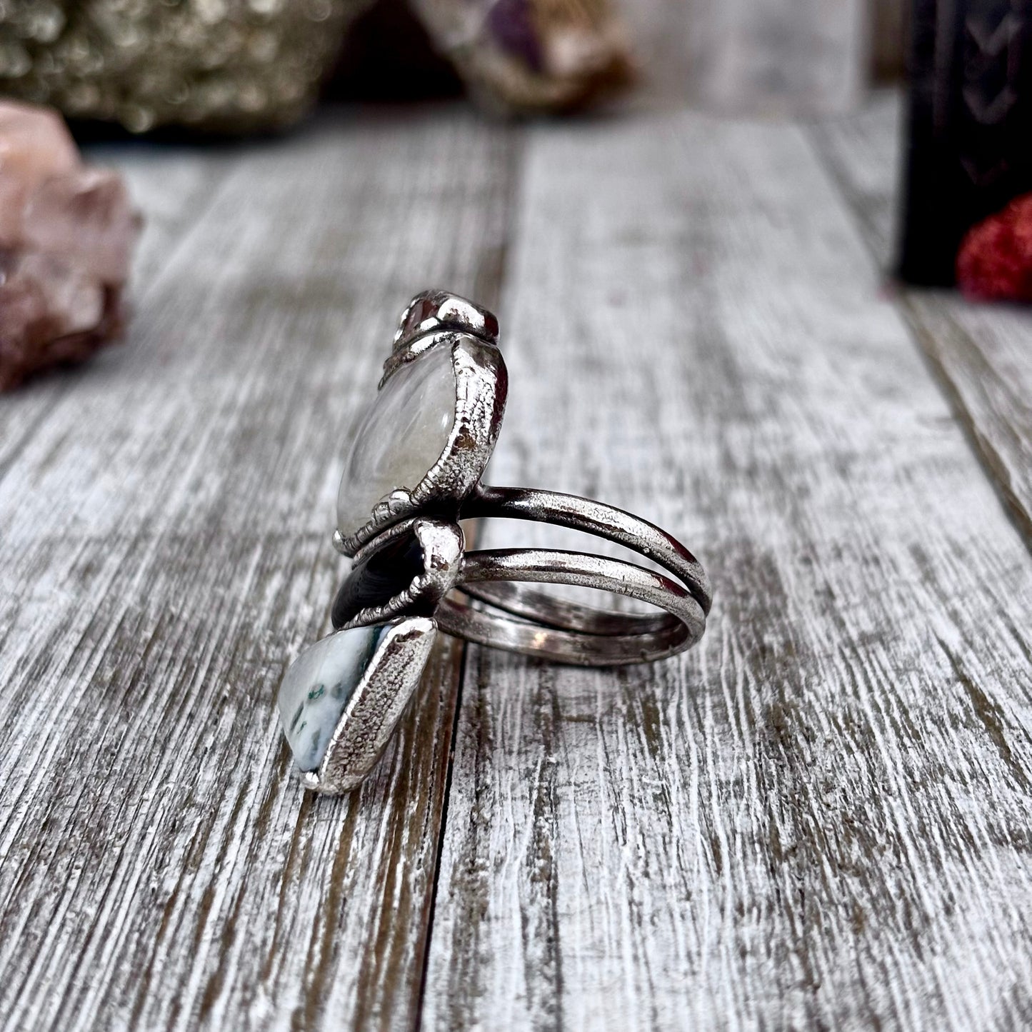 Multi Stone Peach Moonstone Rainbow Moonstone Obsidian Moss Agate Quartz Ring In Silver Size 10 / Foxlark Collection