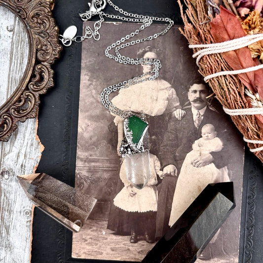 Clear Quartz & Green Sea Glass Crystal Statement Necklace in Fine Silver / Foxlark Collection - One of a Kind