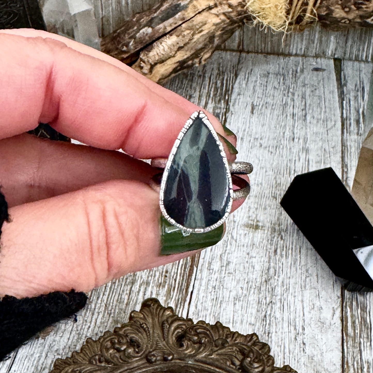 Spiderweb Obsidian Crystal Ring Fine Silver Size 8/ Foxlark Collection - One of a Kind