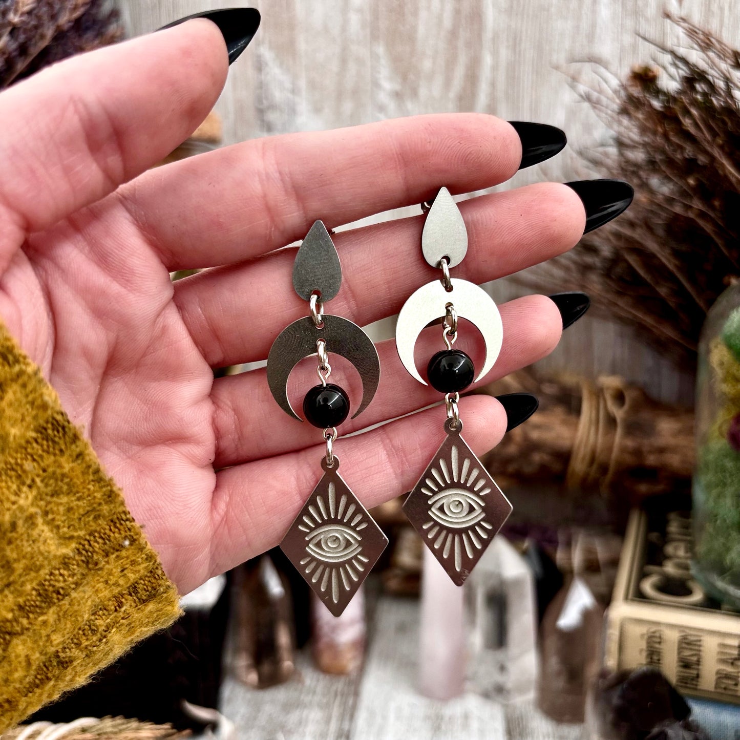 All Seeing Eye Crescent Moon Beaded Earrings Sterling Silver & Stainless Steel Earrings / Long Dangly Witchy Earrings