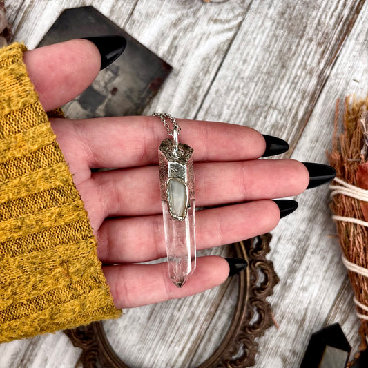 Clear Quartz & Peach Moonstone Crystal Statement Necklace in Fine Silver / Foxlark Collection - One of a Kind