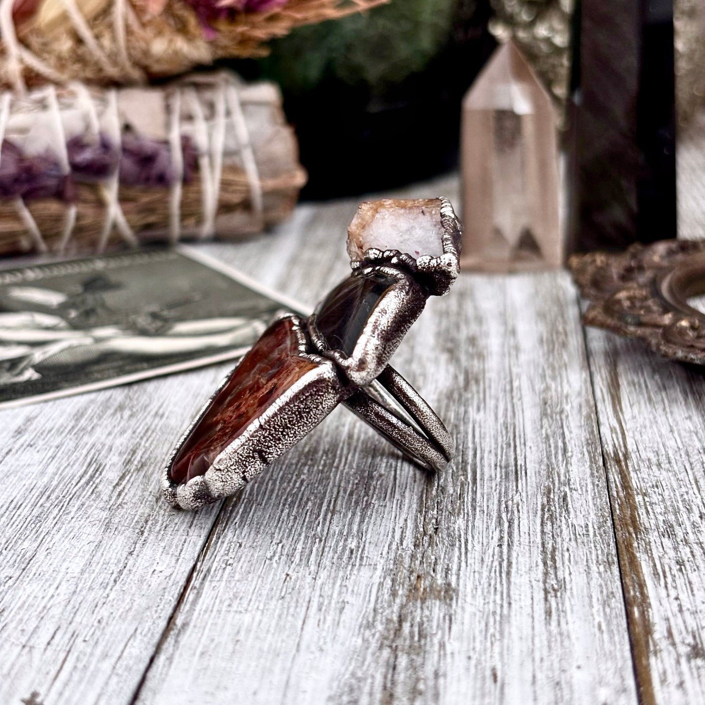 Fossilized Wood Blue Tigers Eye Citrine Ring Set in Fine Silver Size 8.5 / Foxlark Collection - One of a Kind