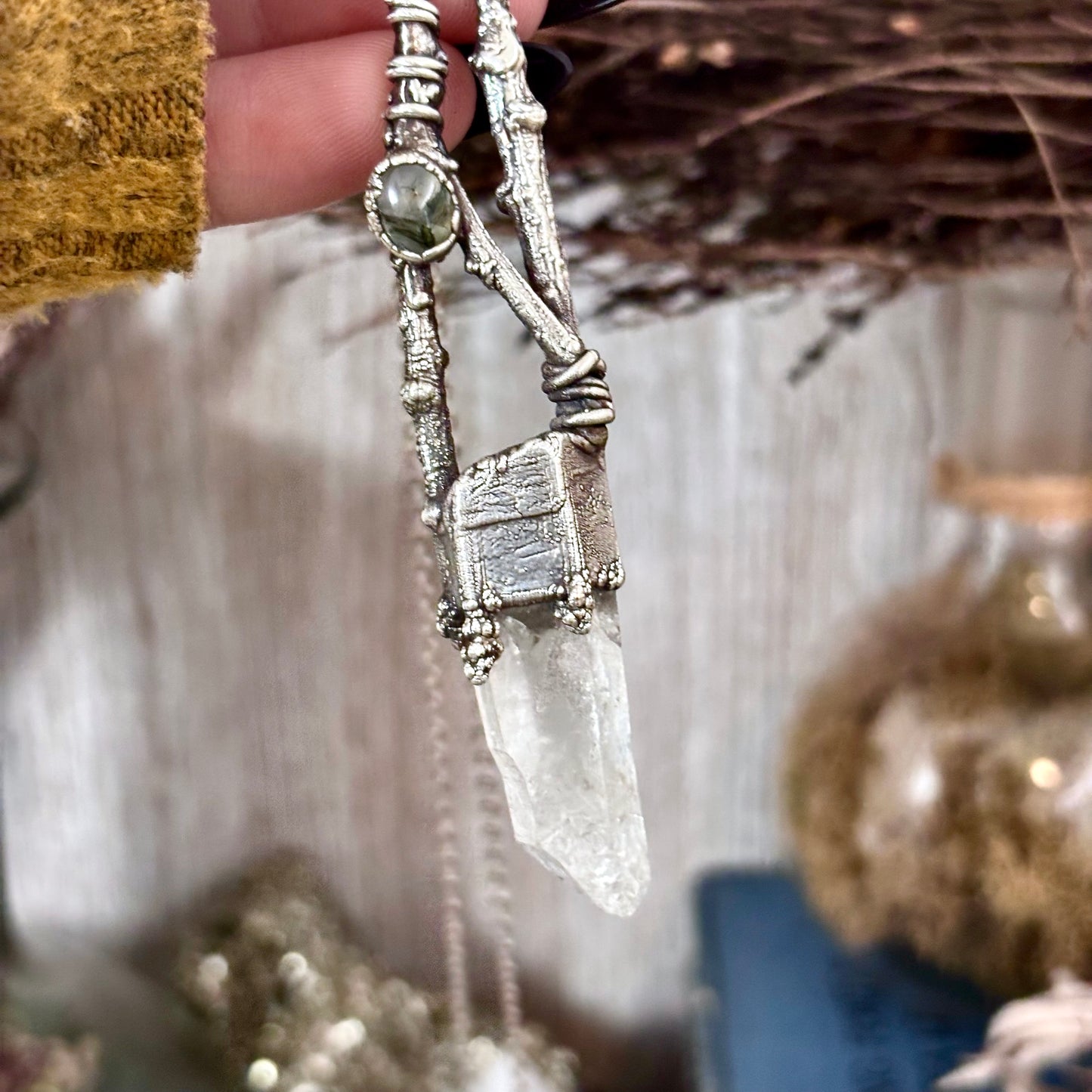 Raw Clear Quartz Moss Agate Crystal Necklace in Silver / Sticks & Stones Collection