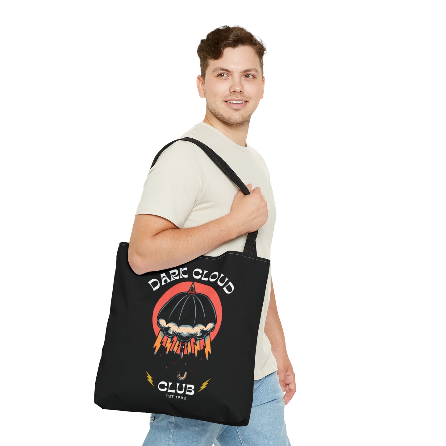 Dark Cloud Umbrella Lightning Tattoo Tote Bag in Black / Vintage American Old School Traditional Tattoo Flash / Punk Rock Beach Shopping - Foxlark Crystal Jewelry