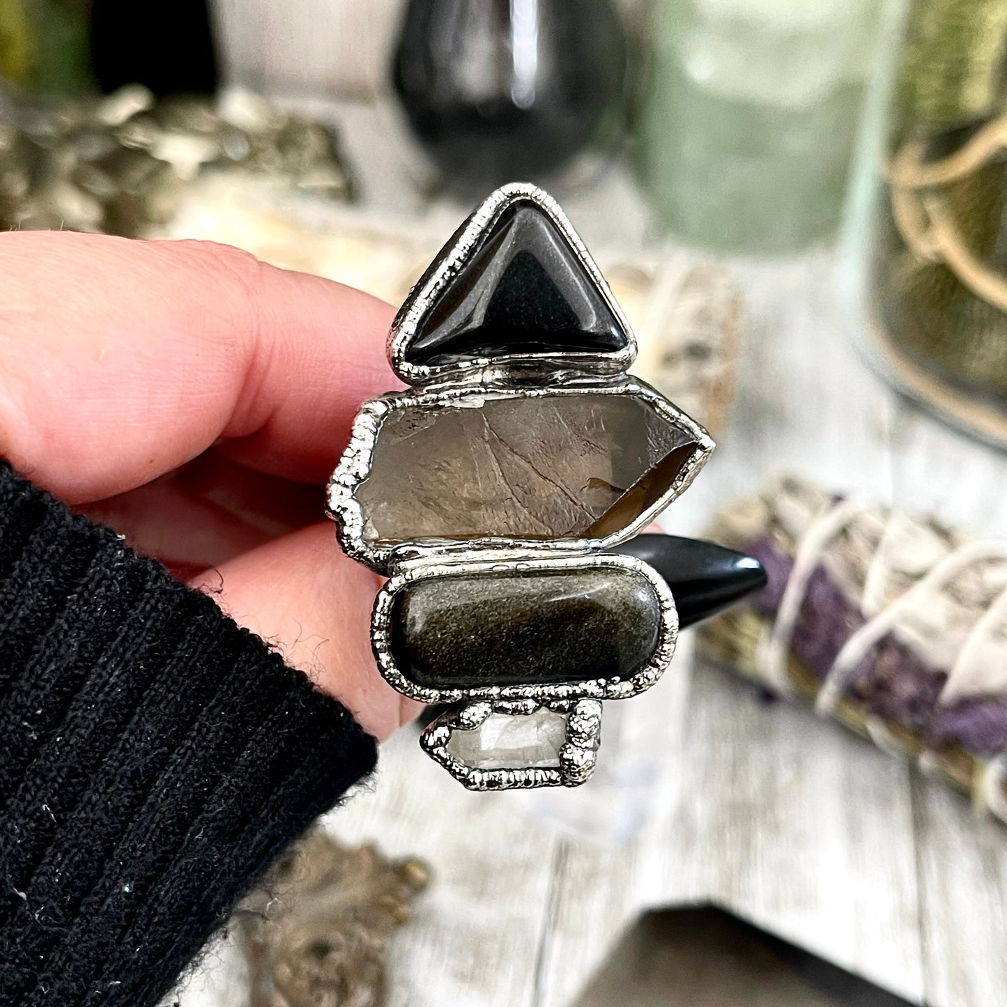 Size 10 - Four Stone Black Onyx Silver Sheen Obsidian Smokey Quartz Clear Quartz Ring In Silver  / Foxlark - One of a Kind
