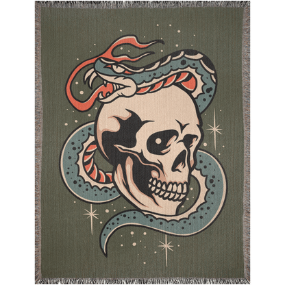 Skull and Snake Traditional Tattoo Style Woven Blanket