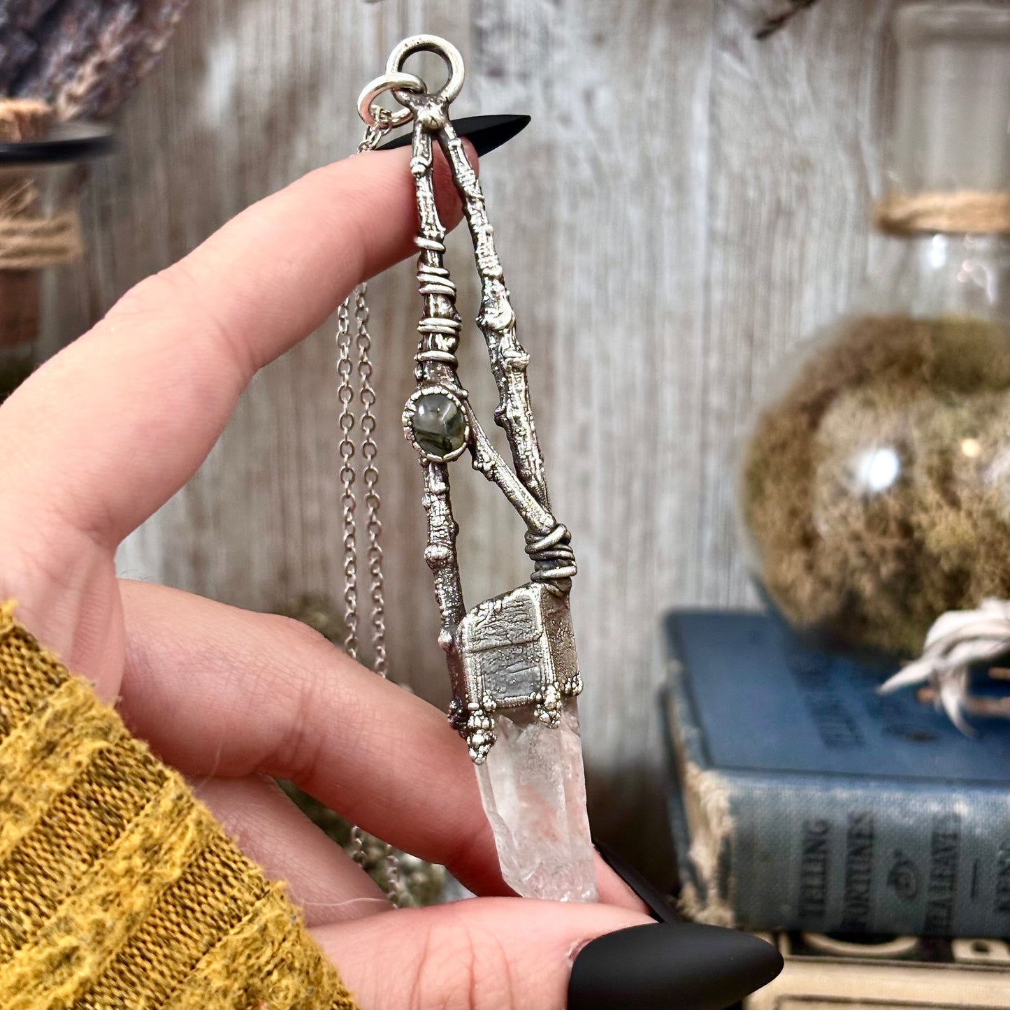 Raw Clear Quartz Moss Agate Crystal Necklace in Silver / Sticks & Stones Collection