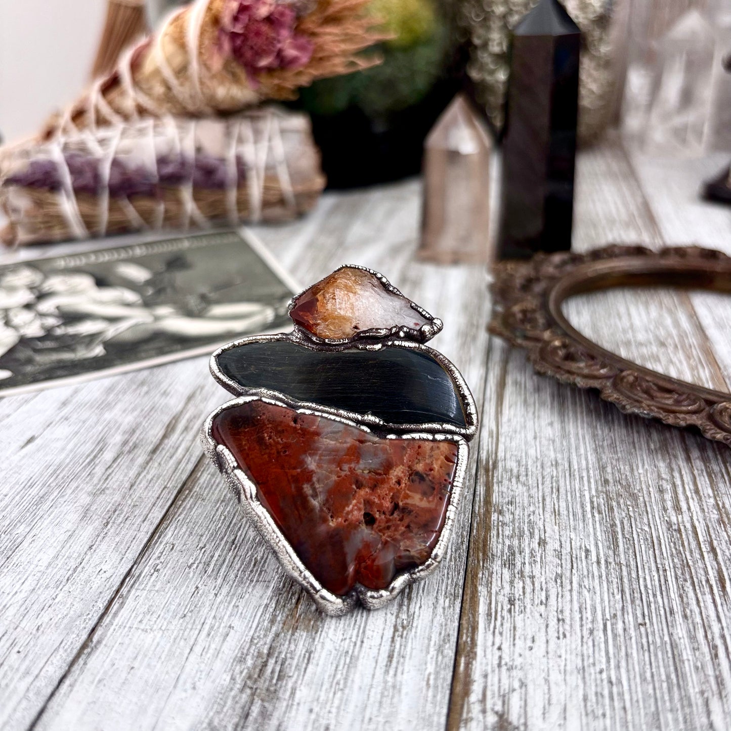 Fossilized Wood Blue Tigers Eye Citrine Ring Set in Fine Silver Size 8.5 / Foxlark Collection - One of a Kind