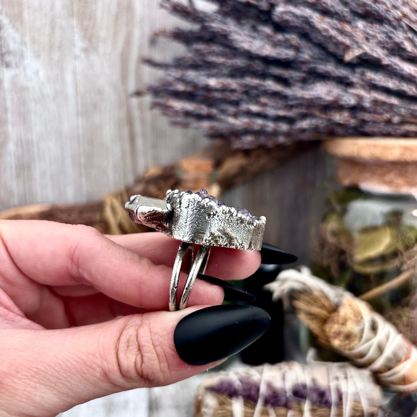 Raw Purple Amethyst and Clear Quartz Crystal Geode Ring in Fine Silver Size 10 / Foxlark Collection