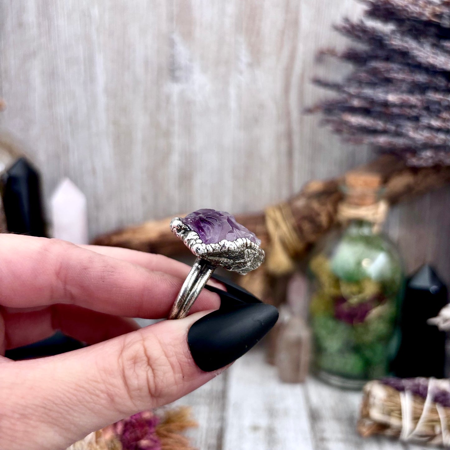Raw Amethyst Crystal Ring Set in Fine Silver Size 8 / Foxlark Collection - One of a Kind