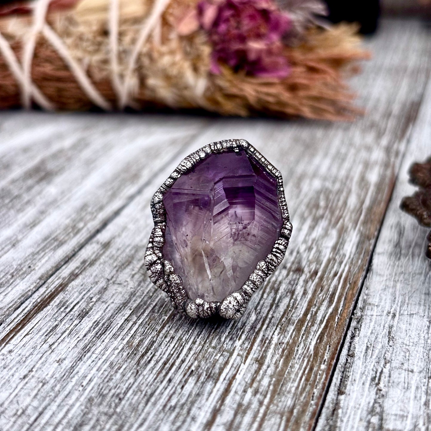 Raw Amethyst Crystal Ring Set in Fine Silver Size 7 / Foxlark Collection - One of a Kind
