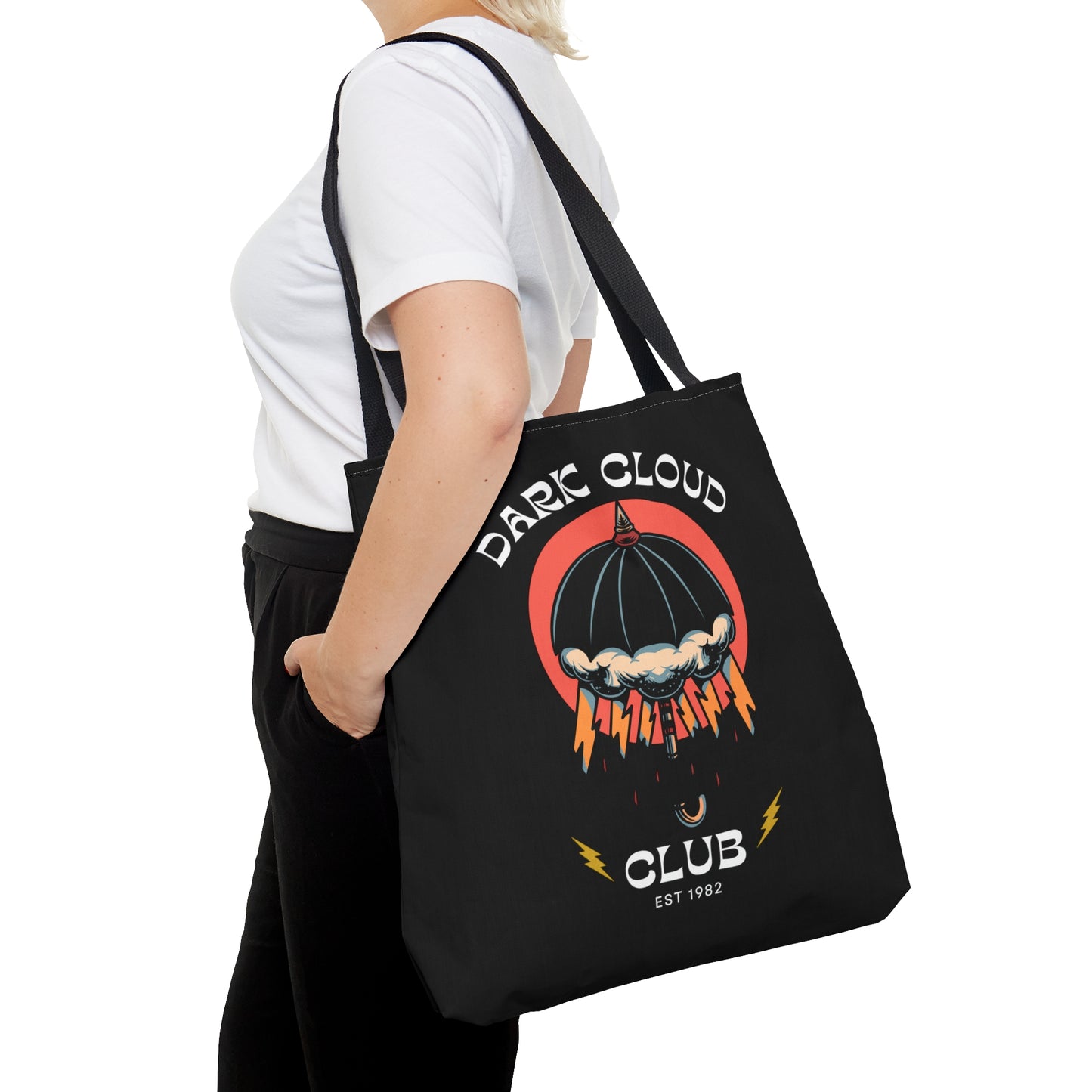 Dark Cloud Umbrella Lightning Tattoo Tote Bag in Black / Vintage American Old School Traditional Tattoo Flash / Punk Rock Beach Shopping - Foxlark Crystal Jewelry
