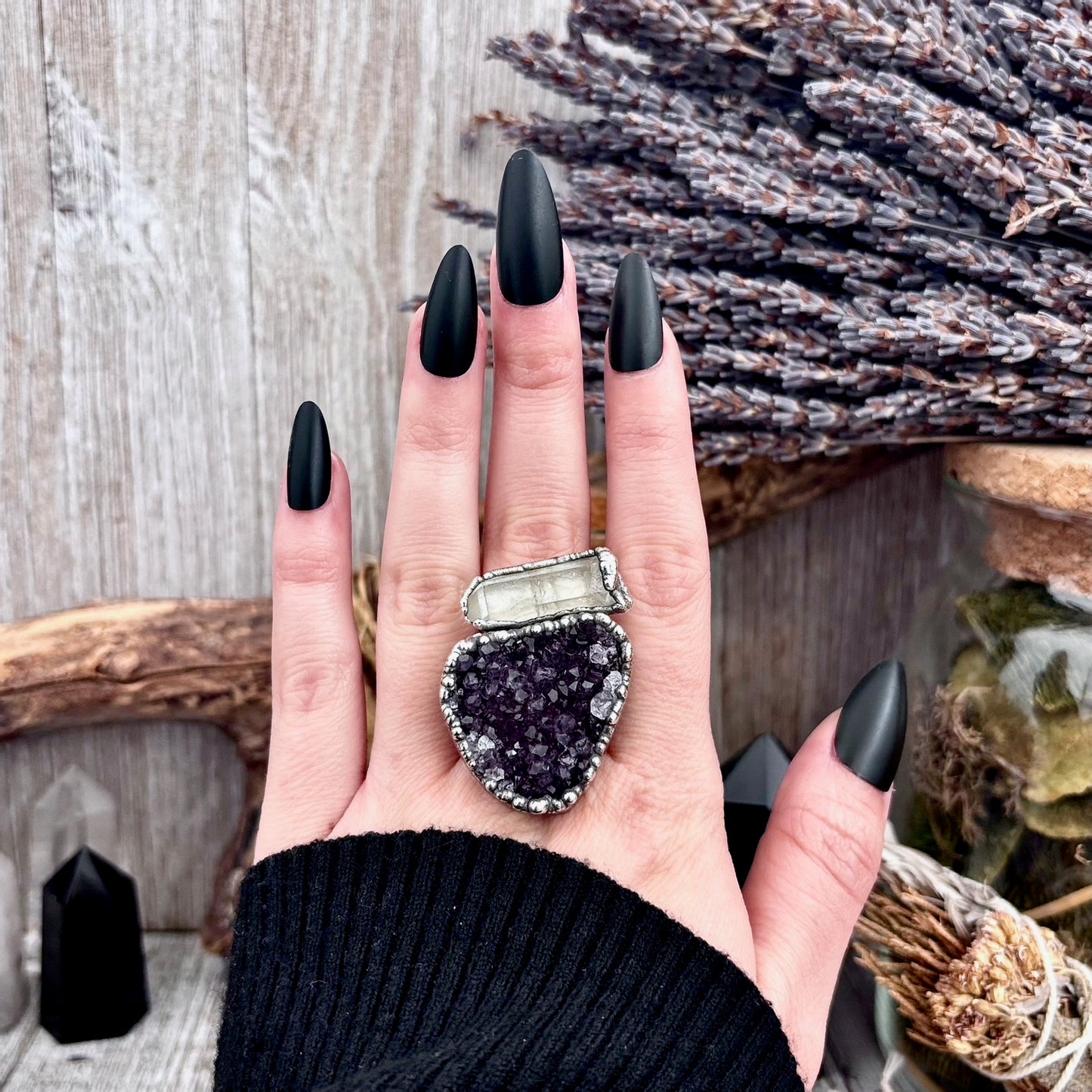 Raw Purple Amethyst and Clear Quartz Crystal Geode Ring in Fine Silver Size 10 / Foxlark Collection