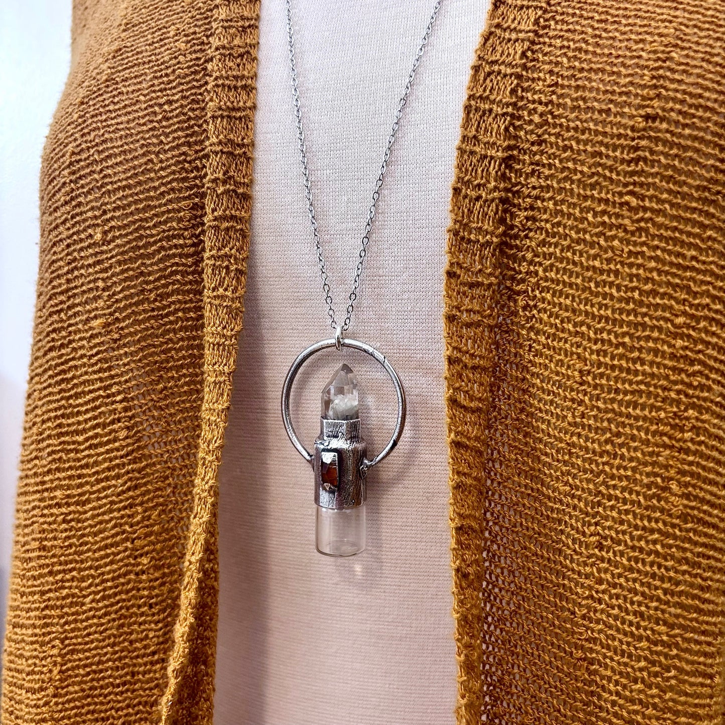 Garden Quartz and Orange Kyanite Crystal Necklace / Silver Rollerball Necklace