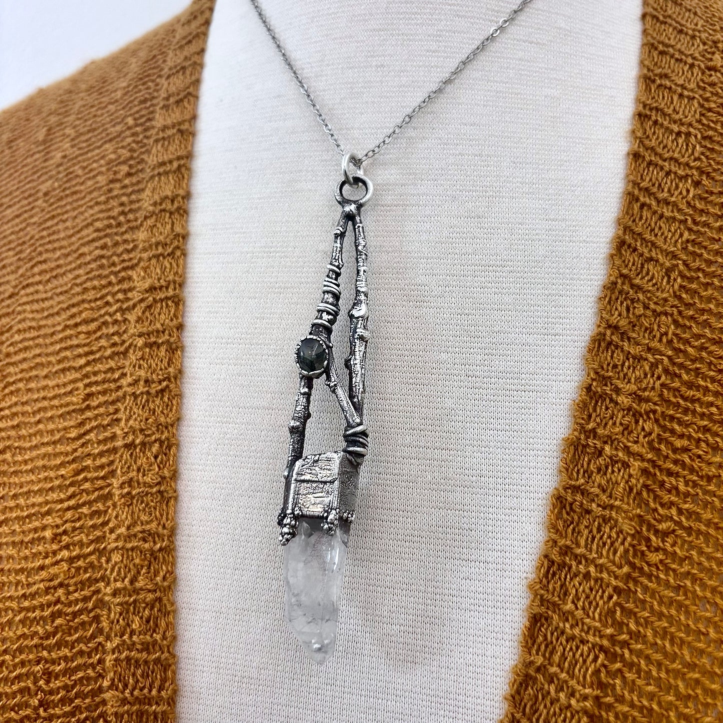 Raw Clear Quartz Moss Agate Crystal Necklace in Silver / Sticks & Stones Collection