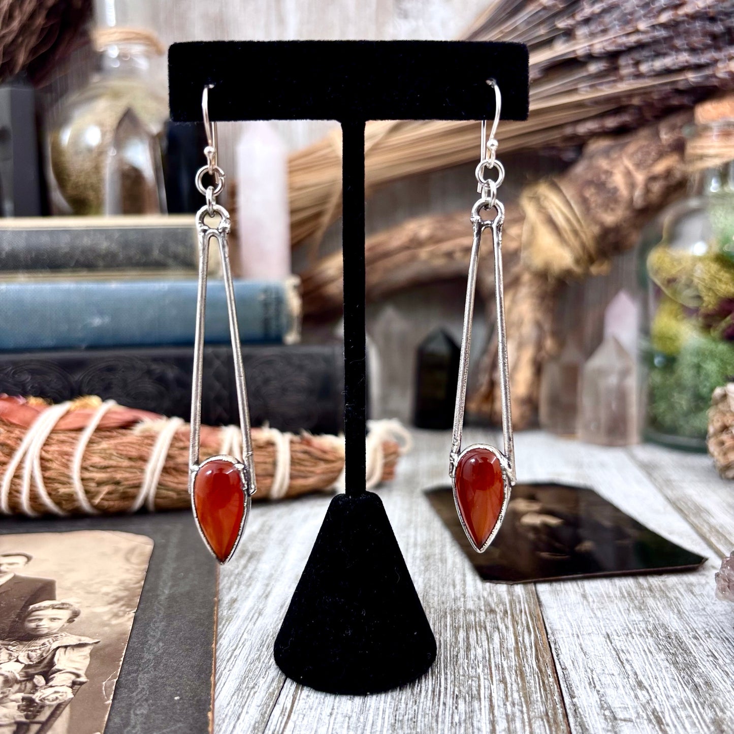 Carnelian Teardrop Fine Silver Crystal Earrings / Long Dangle Witchy Earrings