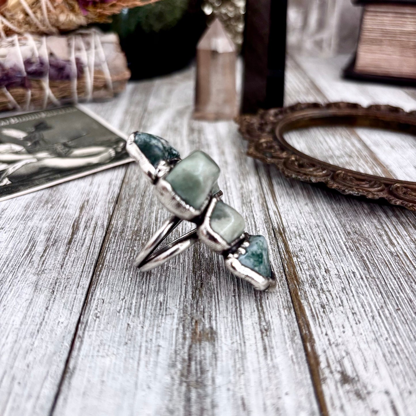 Multi Stone Aventurine Moss Agate Ring In Silver Size 8.5 / Foxlark Collection