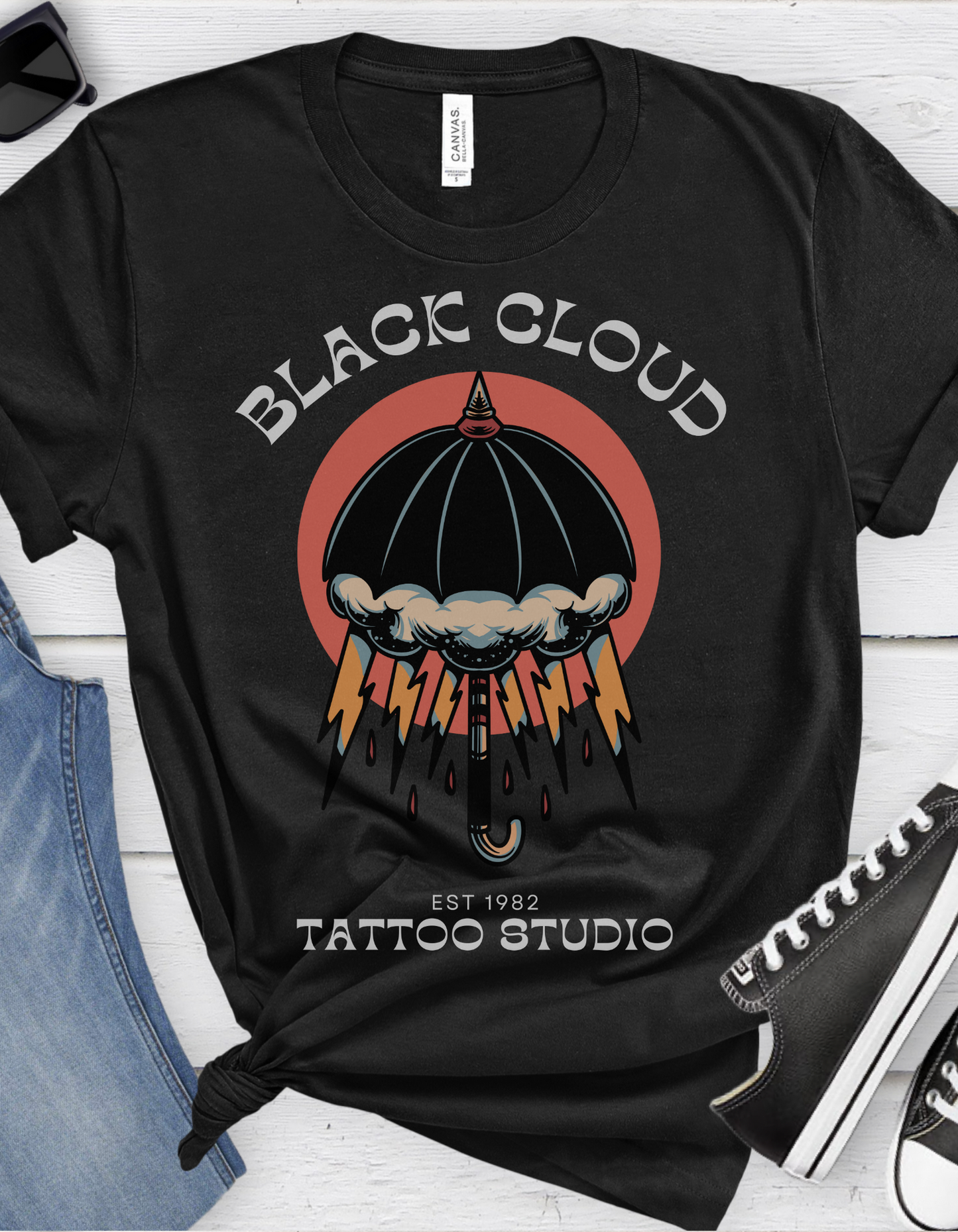 Black Cloud Umbrella Lightning Bolt Tattoo T-shirt / Unisex Vintage Old School Traditional Tattoo Tee Shirt / Punk Rock Clothing Tshirt - Foxlark Crystal Jewelry