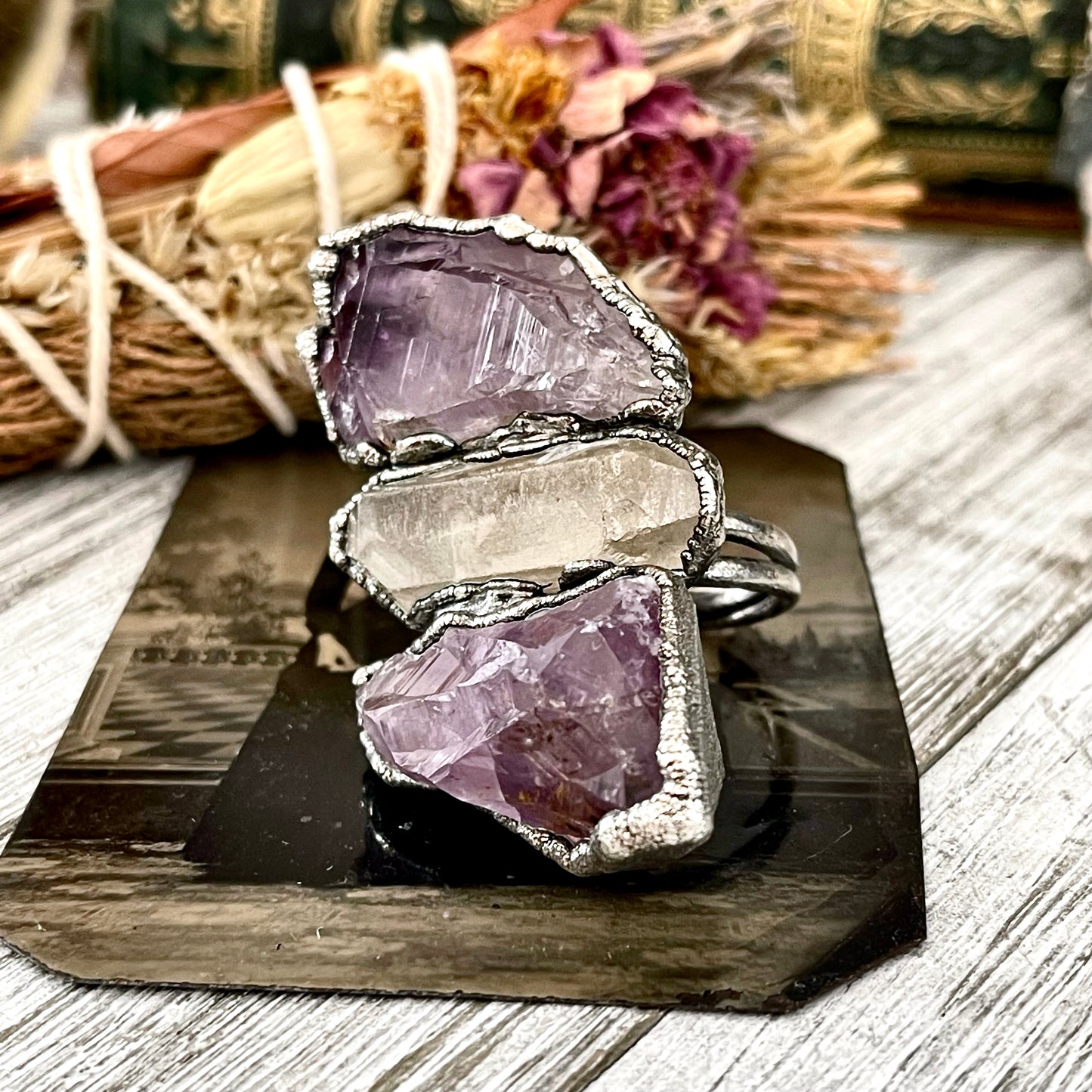 Size 8 Crystal Ring - Three Stone Purple Amethyst Clear Quartz Ring in Silver / Foxlark Collection - One of a Kind