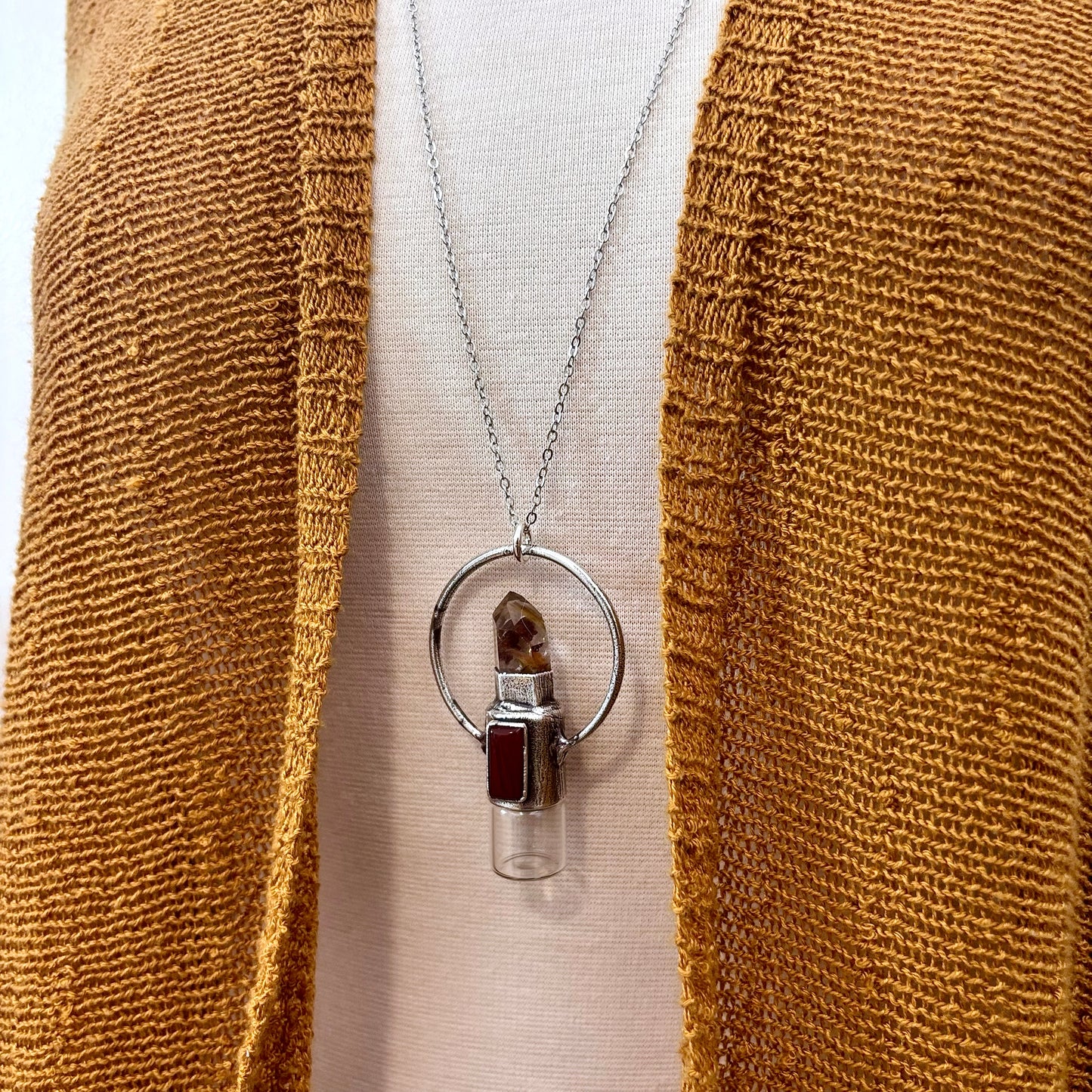Garden Quartz and Carnelian Crystal Necklace / Silver Rollerball Necklace