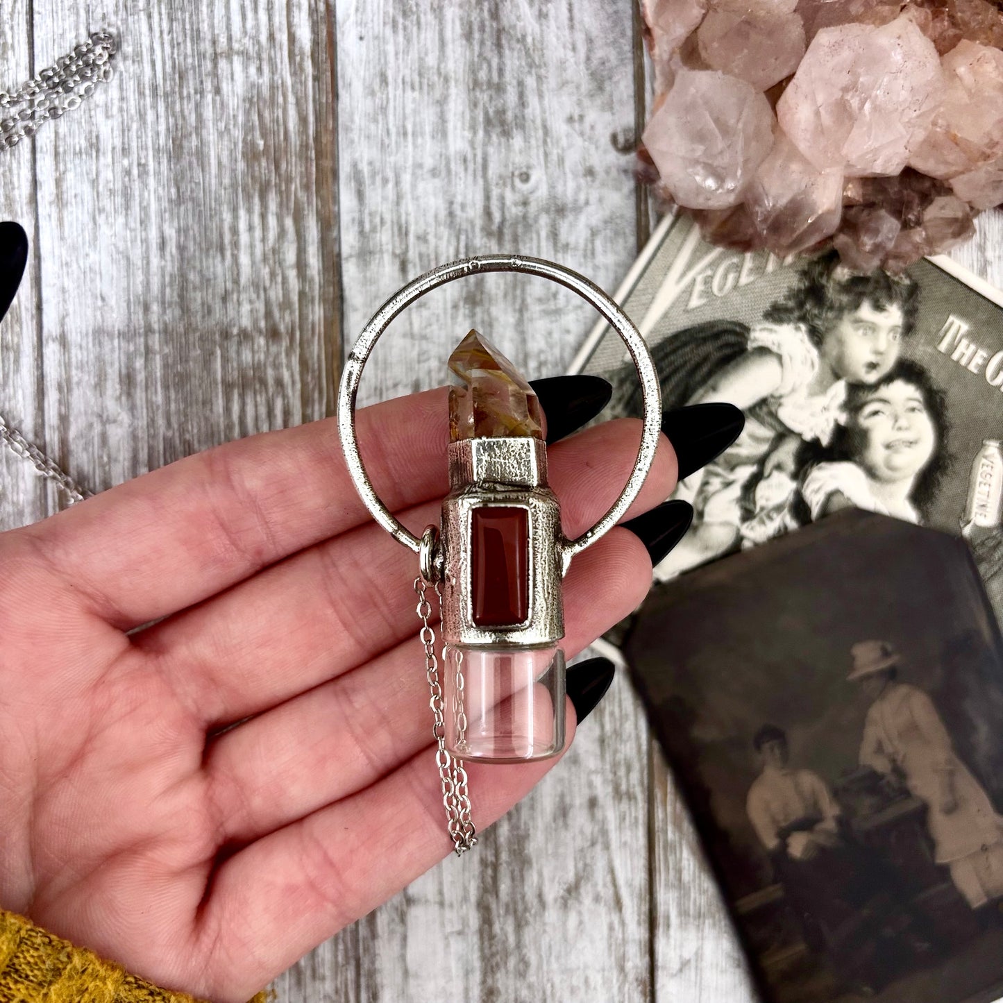 Garden Quartz and Carnelian Crystal Necklace / Silver Rollerball Necklace