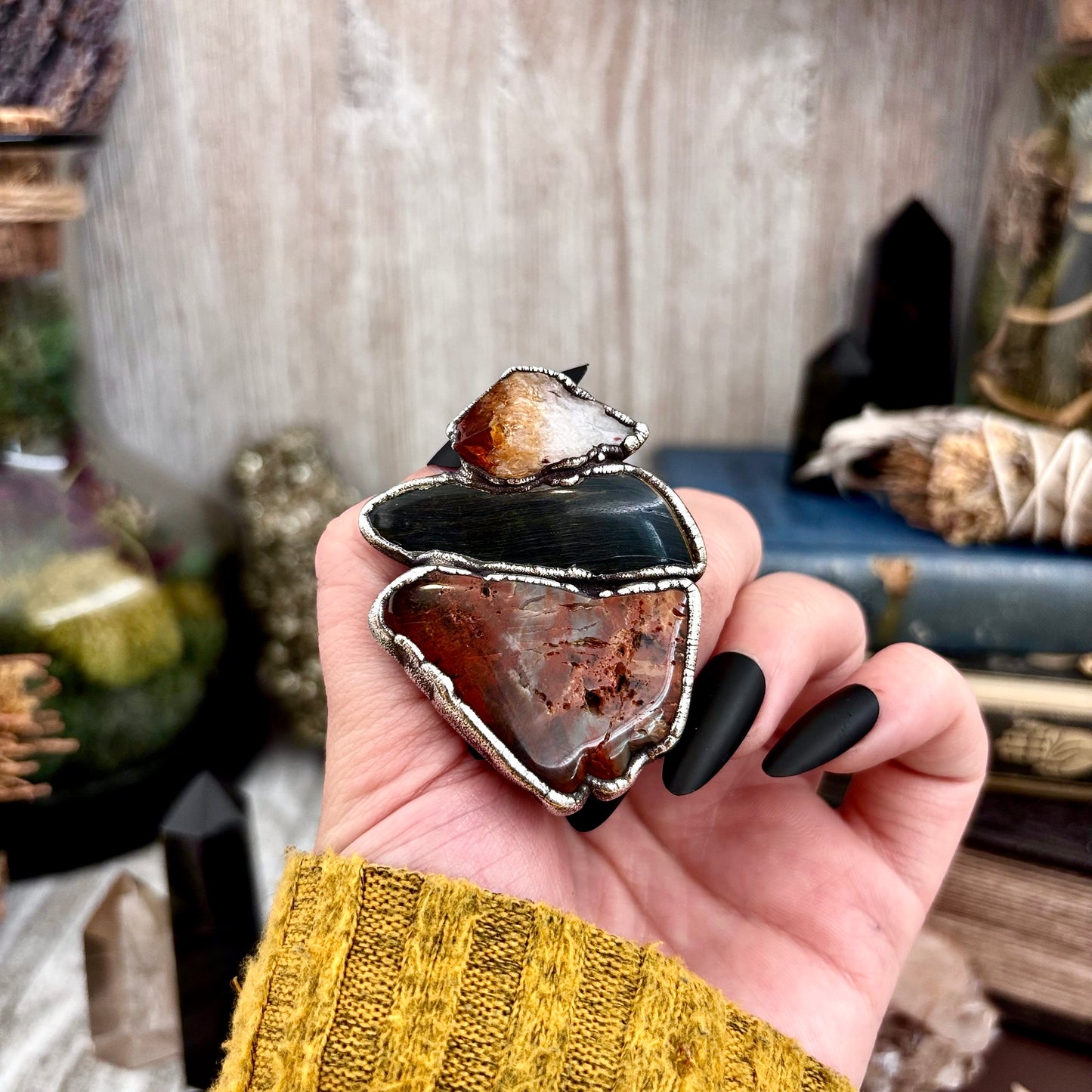 Fossilized Wood Blue Tigers Eye Citrine Ring Set in Fine Silver Size 8.5 / Foxlark Collection - One of a Kind