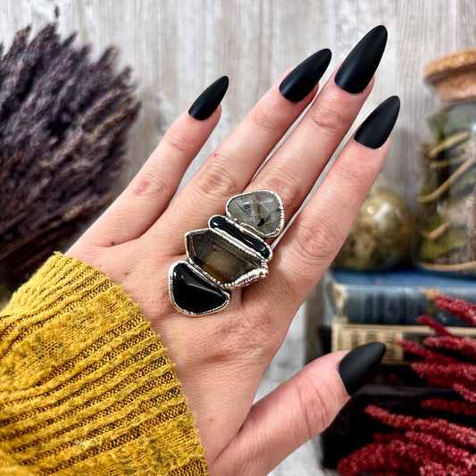 Multi Stone Obsidian Smoky Quartz Tourmaline Quartz Ring In Silver Size 9.5 / Foxlark Collection