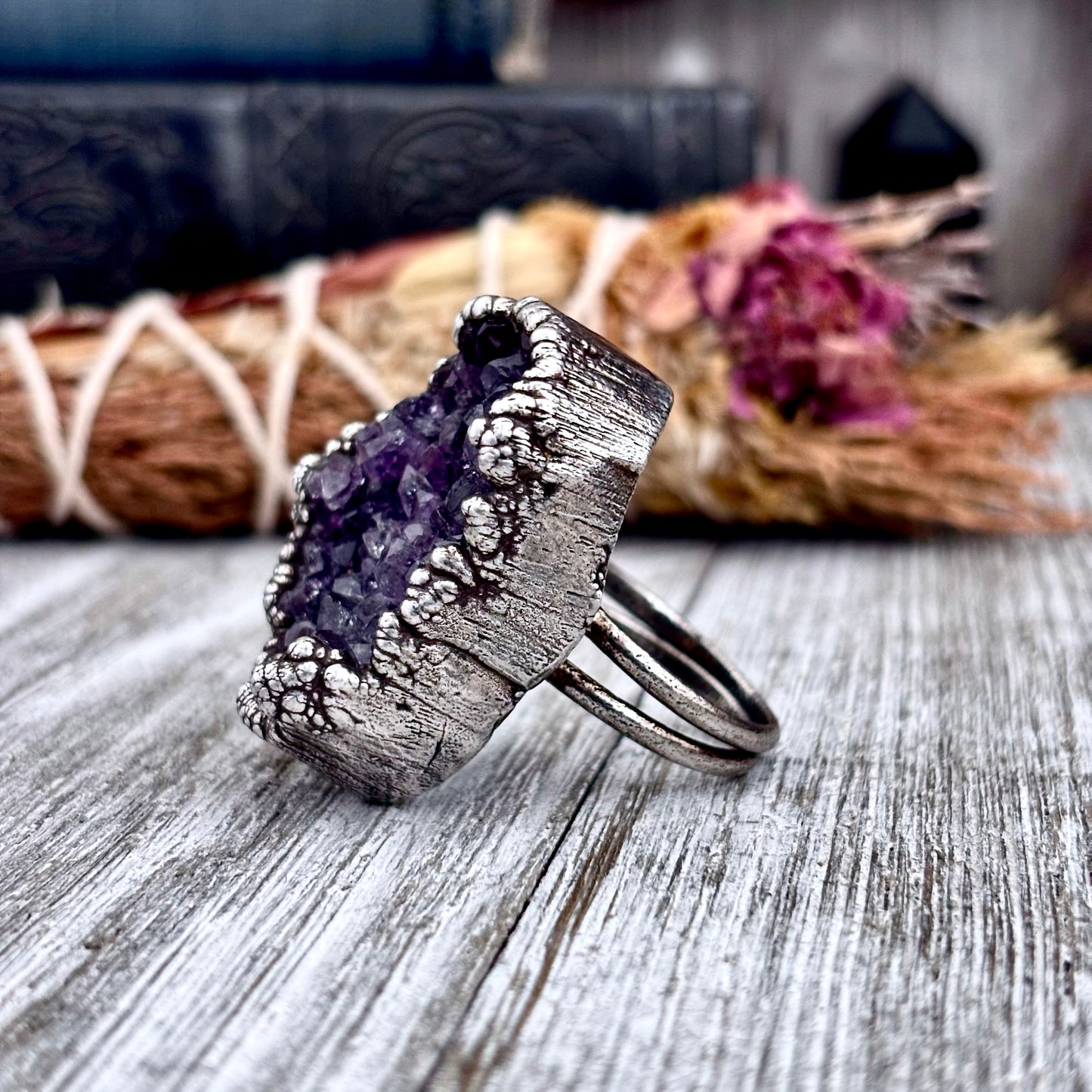 Raw Purple Amethyst Crystal Druzy Geode Ring in Fine Silver Size 10.5 / Foxlark Collection