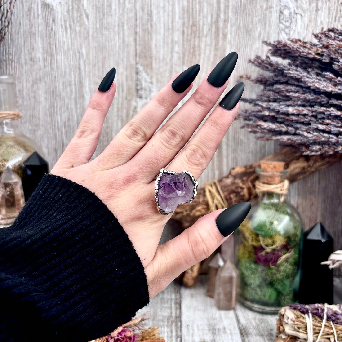 Raw Amethyst Crystal Ring Set in Fine Silver Size 8 / Foxlark Collection - One of a Kind