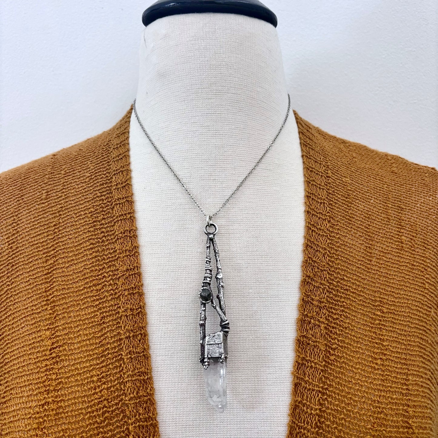 Raw Clear Quartz Moss Agate Crystal Necklace in Silver / Sticks & Stones Collection