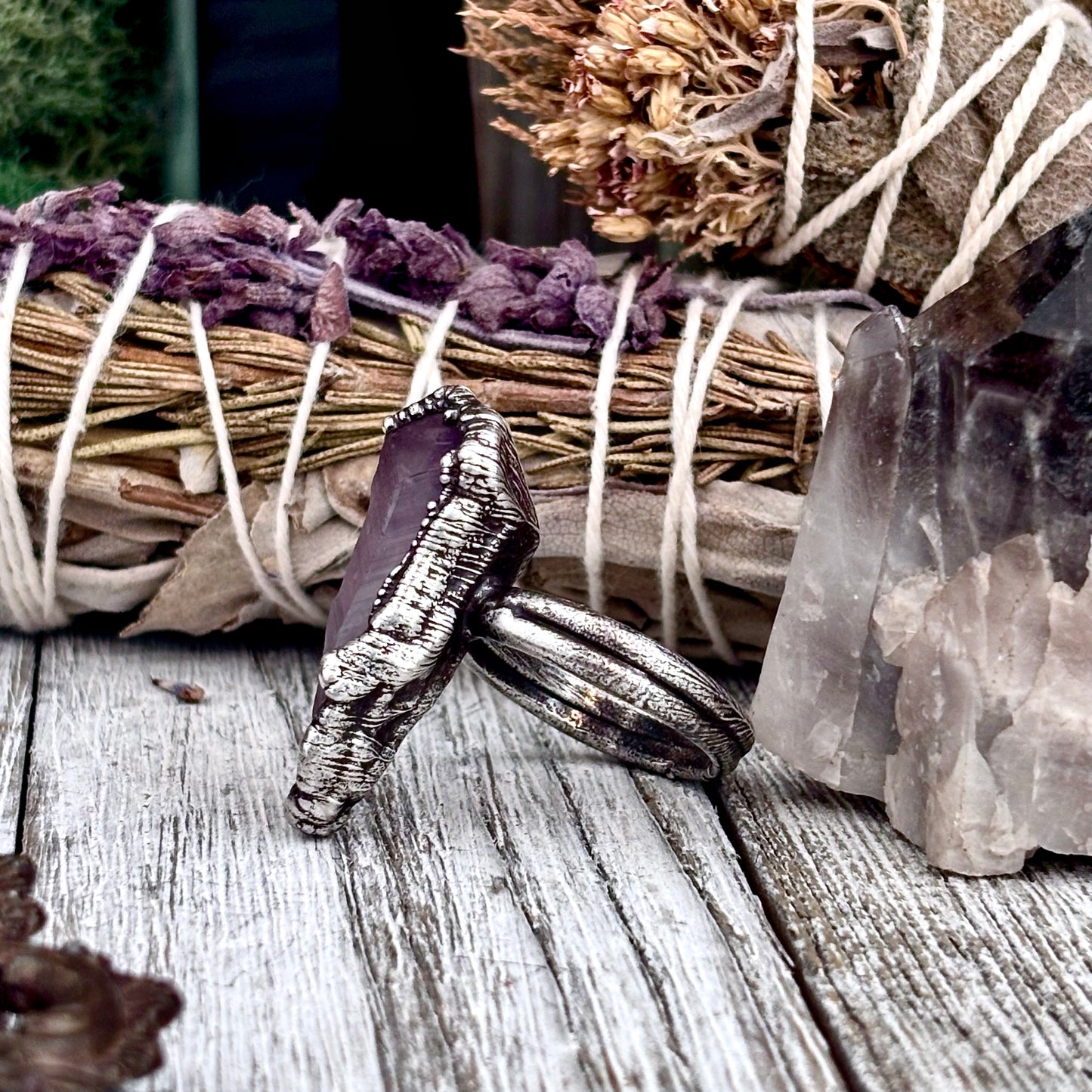Raw Amethyst Crystal Ring Set in Fine Silver Size 10 / Foxlark Collection - One of a Kind