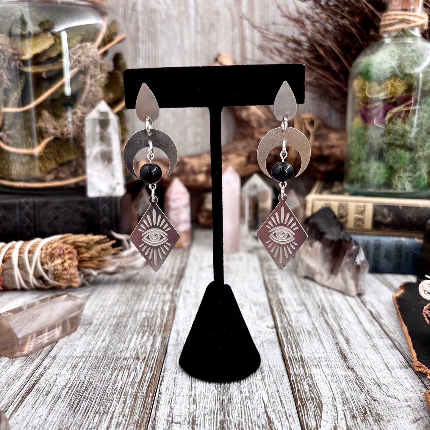All Seeing Eye Crescent Moon Beaded Earrings Sterling Silver & Stainless Steel Earrings / Long Dangly Witchy Earrings