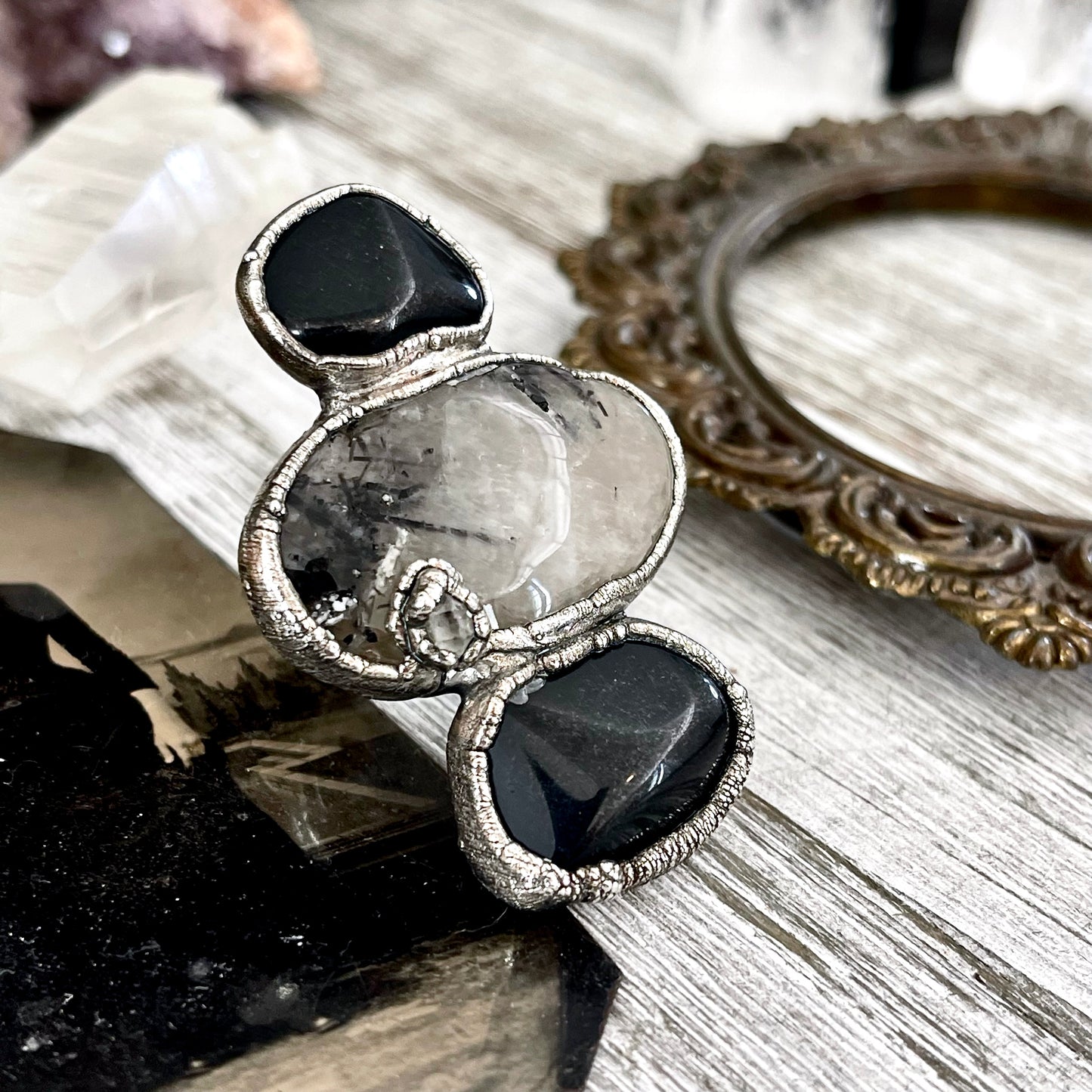 Size 8 Crystal Ring - Three Stone Ring Black Onyx Tourmaline Quartz Herkimer Diamond Ring Silver / Foxlark Collection - One of a Kind