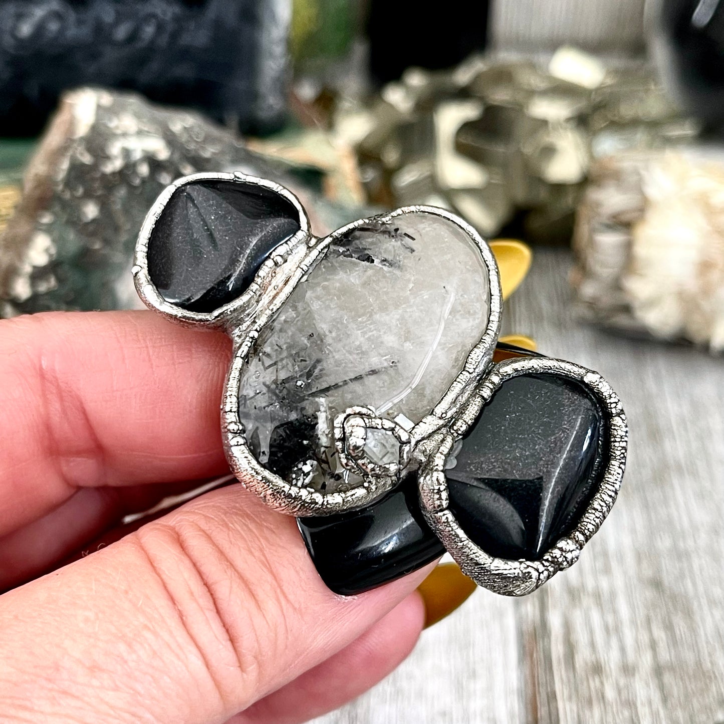 Size 8 Crystal Ring - Three Stone Ring Black Onyx Tourmaline Quartz Herkimer Diamond Ring Silver / Foxlark Collection - One of a Kind