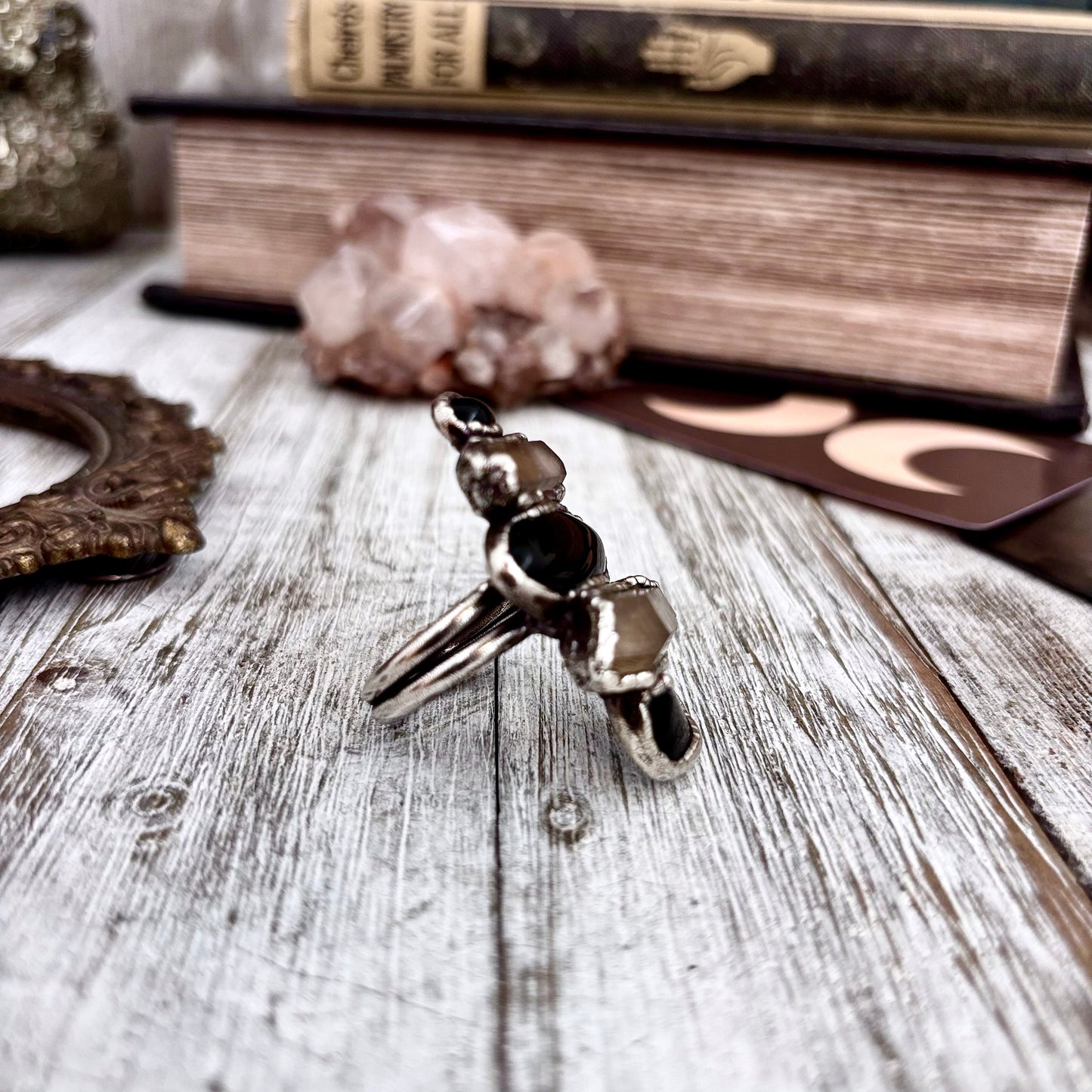 Multi Stone Obsidian Clear Quartz Ring In Silver Size 8.5 / Foxlark Collection