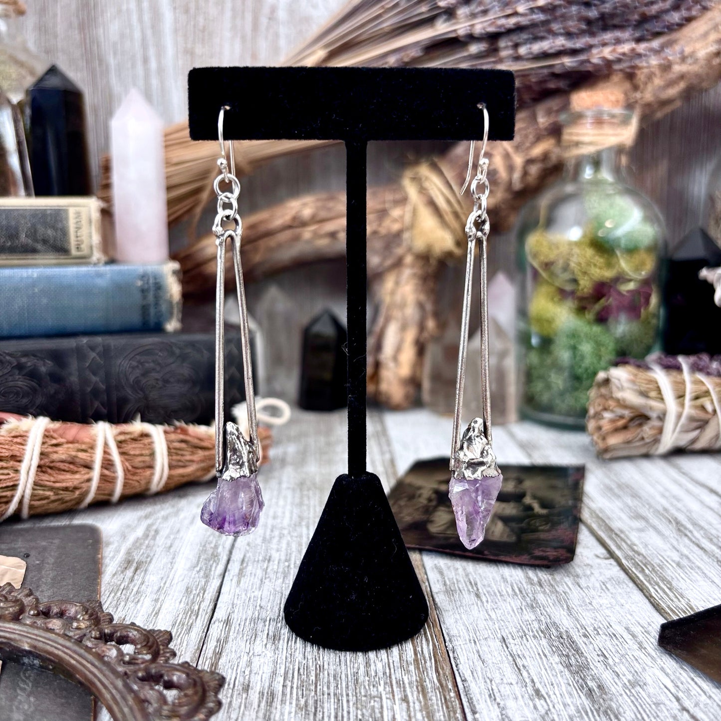 Raw Amethyst Fine Silver Crystal Earrings / Long Dangle Witchy Earrings