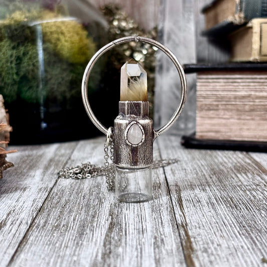 Garden Quartz and Clear Quartz Crystal Necklace / Silver Rollerball Necklace