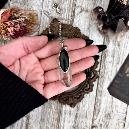 Clear Quartz & Black Onyx Crystal Statement Necklace in Fine Silver / Foxlark Collection - One of a Kind
