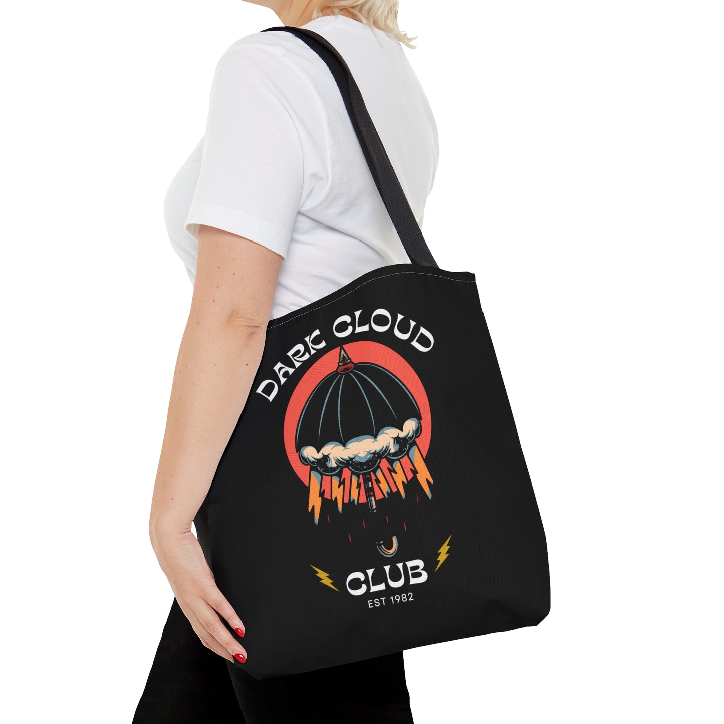 Dark Cloud Umbrella Lightning Tattoo Tote Bag in Black / Vintage American Old School Traditional Tattoo Flash / Punk Rock Beach Shopping - Foxlark Crystal Jewelry