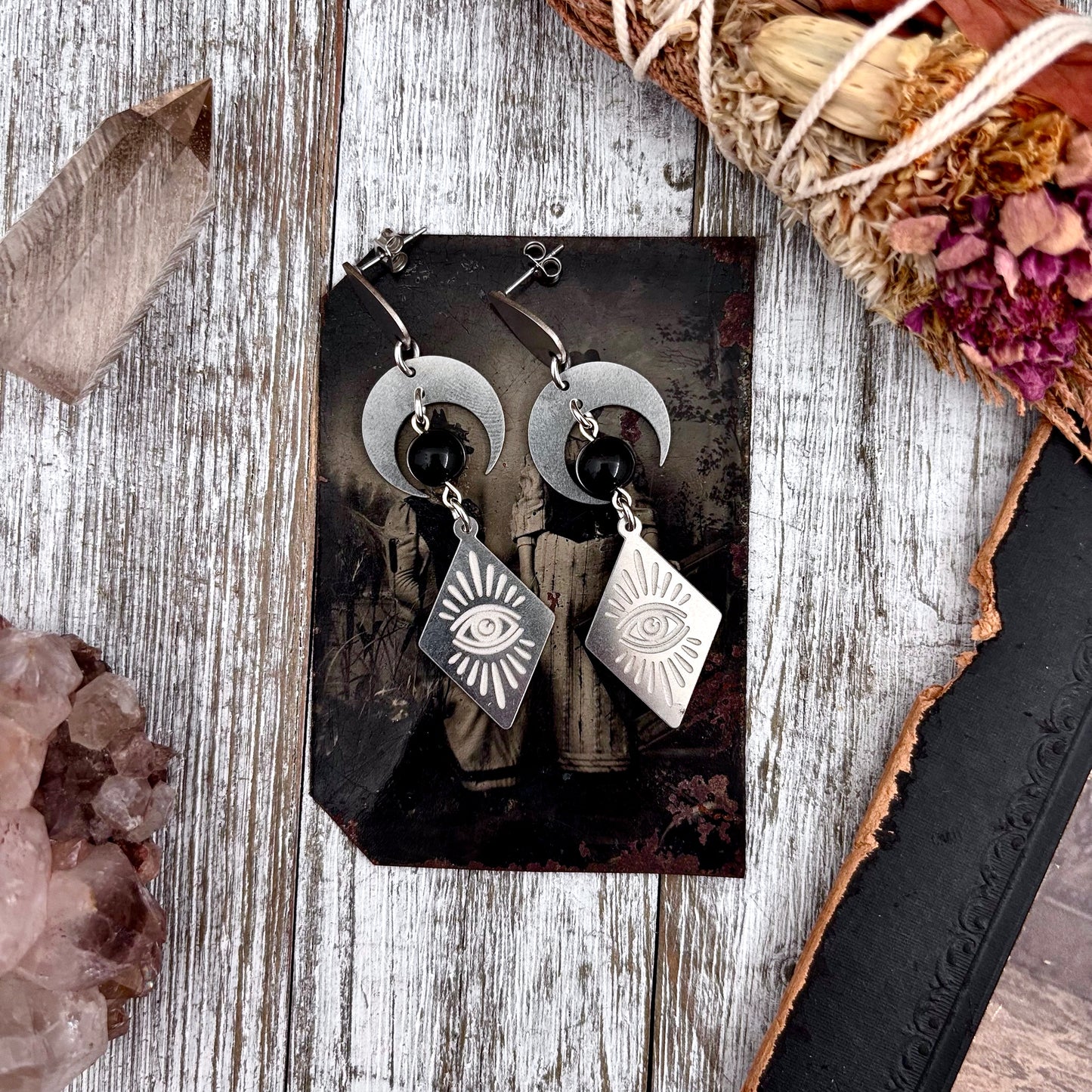 All Seeing Eye Crescent Moon Beaded Earrings Sterling Silver & Stainless Steel Earrings / Long Dangly Witchy Earrings