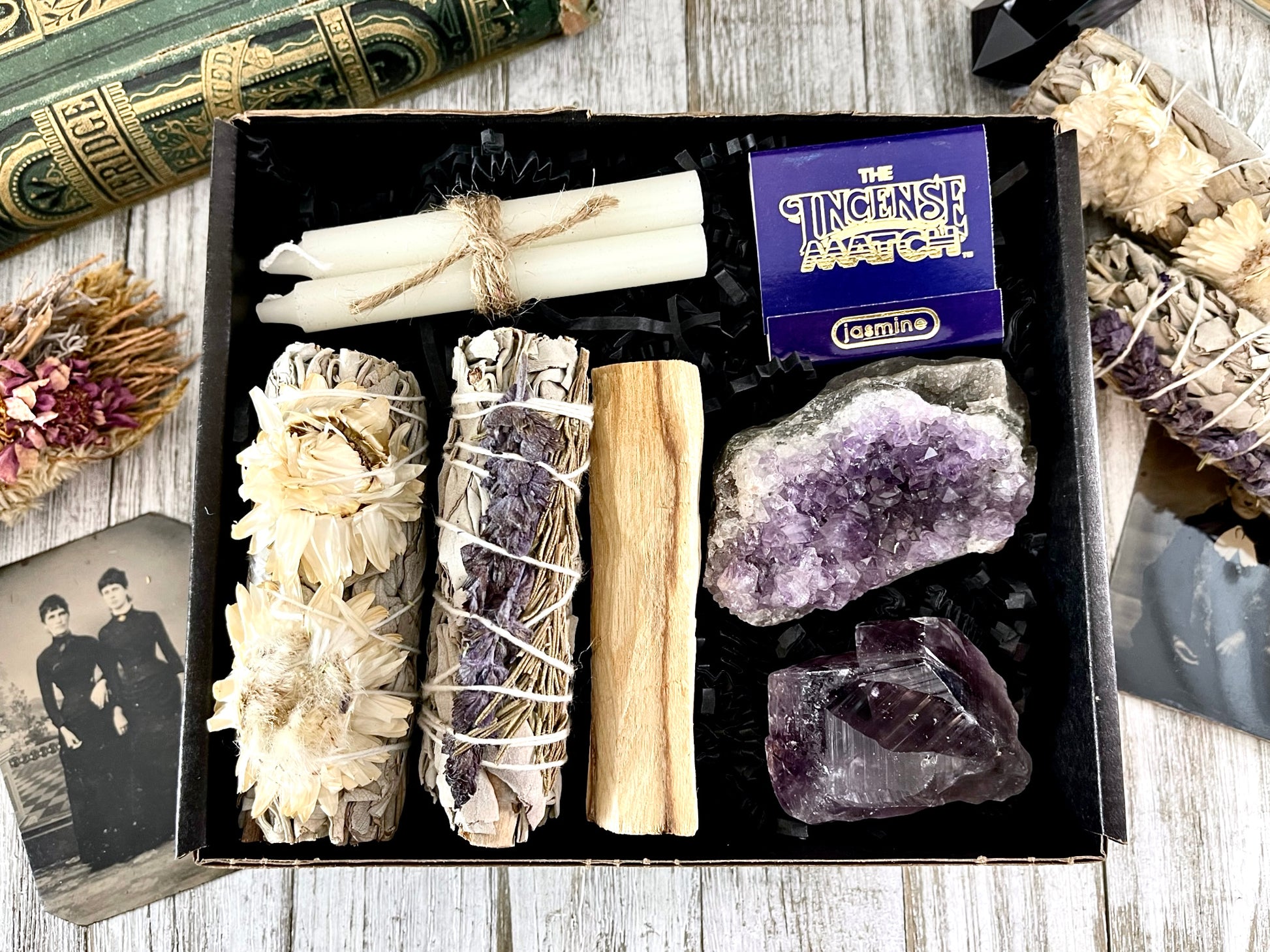 Mystery Sage & Crystal Box // Home Cleansing Energy Calming Smudging Kit with Sage Palo Santo Crystals Candle Gift Box Witchy Smudge Bundle