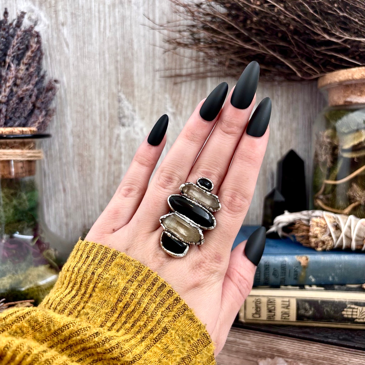 Multi Stone Obsidian Clear Quartz Ring In Silver Size 8.5 / Foxlark Collection
