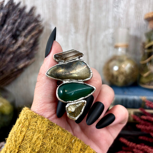 Multi Stone Pyrite Green Agate Smoky Quartz Ring In Silver Size 8 / Foxlark Collection