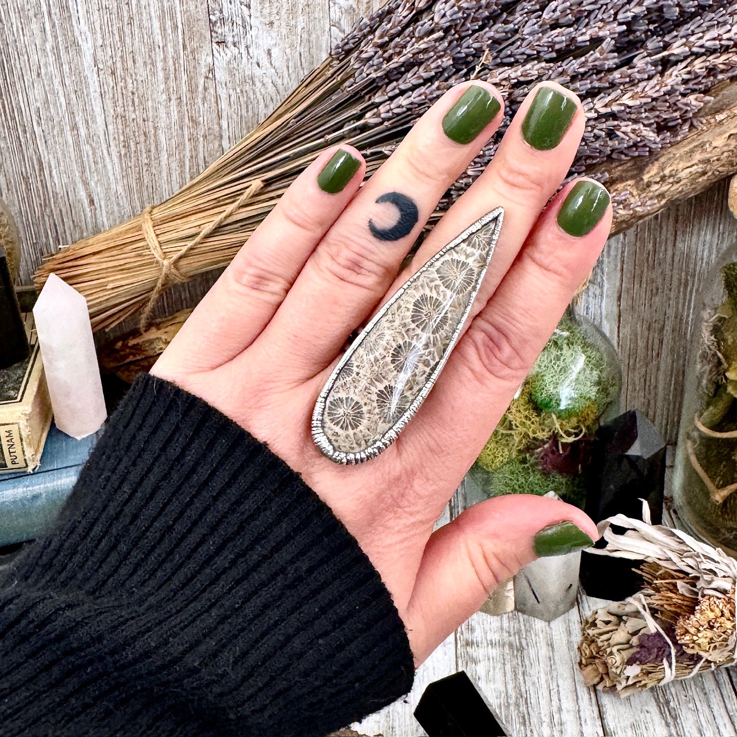 Big Fossilized Coral Crystal Ring Fine Silver Size 9.5 / Foxlark Collection - One of a Kind