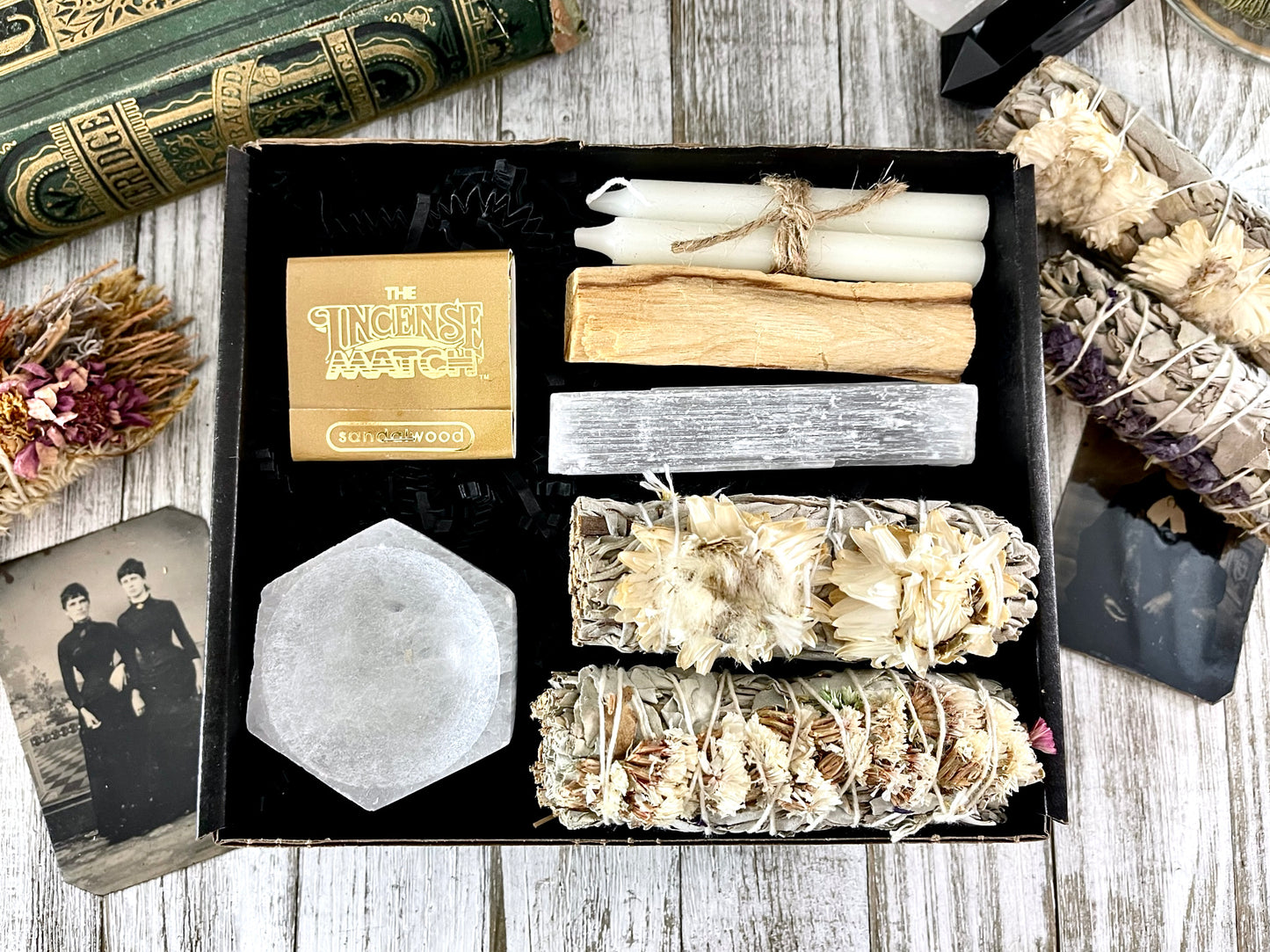 Sage & Crystal Box // Home Cleansing Energy Calming Smudging Kit with Sage and Palo Santo Crystals Candles / Gift Box Witchy Smudge Bundle