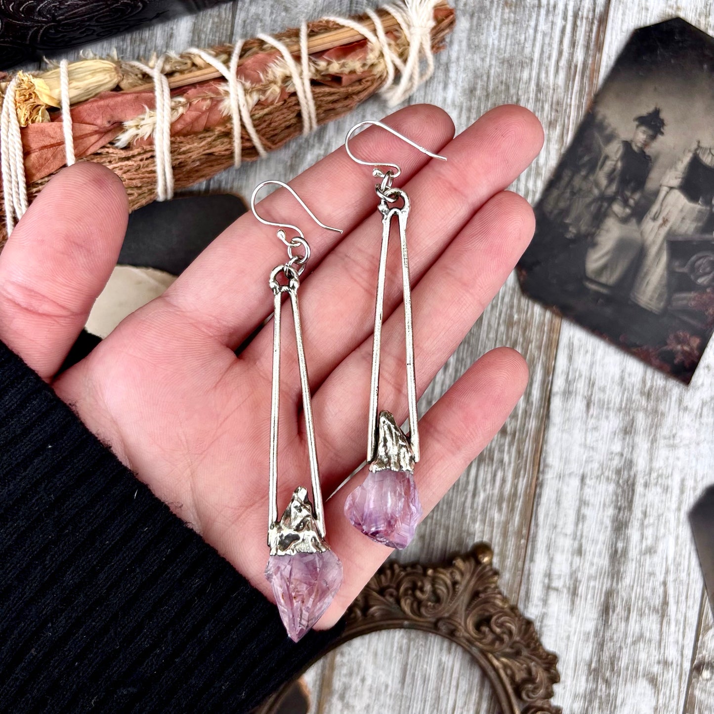 Raw Amethyst Fine Silver Crystal Earrings / Long Dangle Witchy Earrings