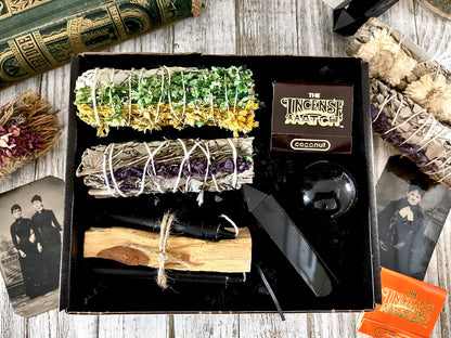 Sage & Crystal Box // Home Cleansing Energy Calming Smudging Kit with Sage and Palo Santo Crystals Candles / Gift Box Witchy Smudge Bundle