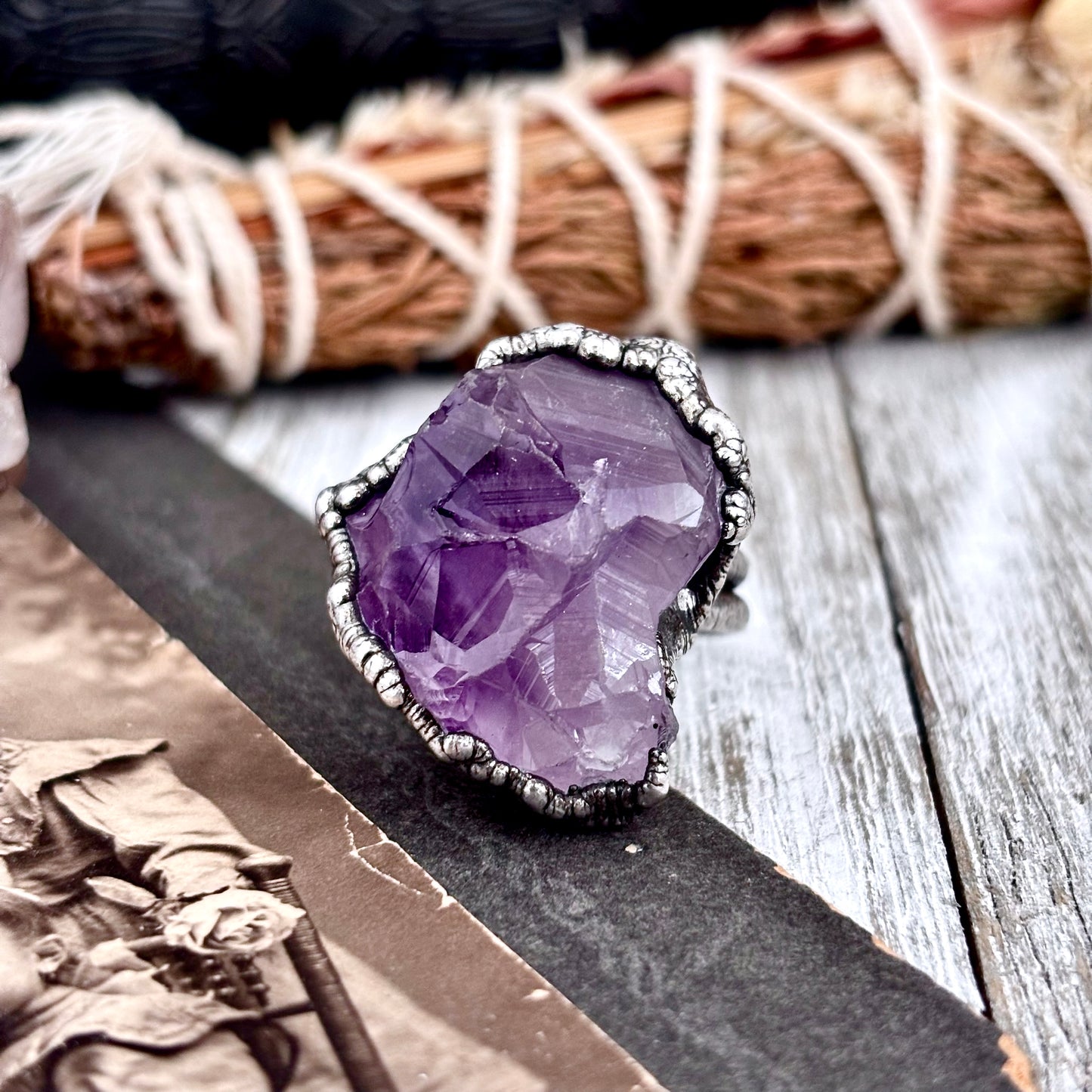 Raw Amethyst Crystal Ring Set in Fine Silver Size 8 / Foxlark Collection - One of a Kind