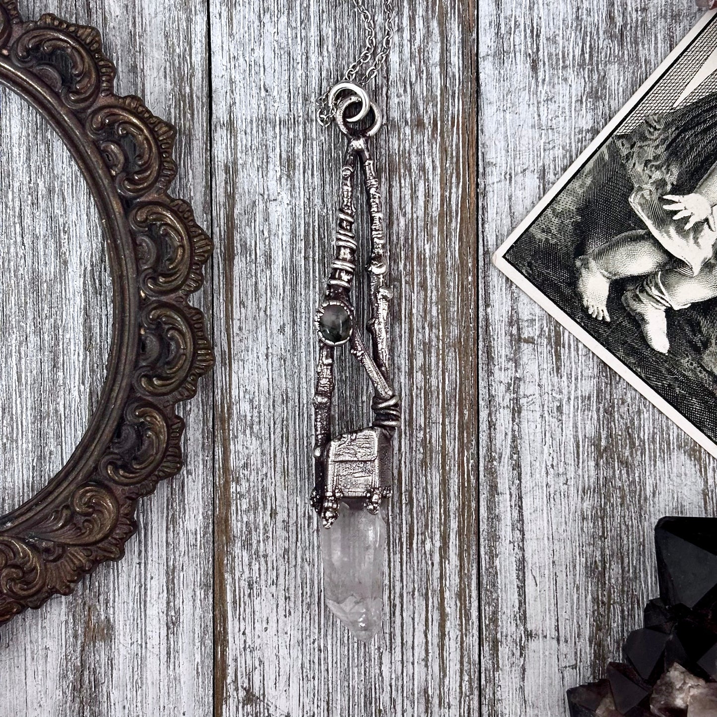 Raw Clear Quartz Moss Agate Crystal Necklace in Silver / Sticks & Stones Collection
